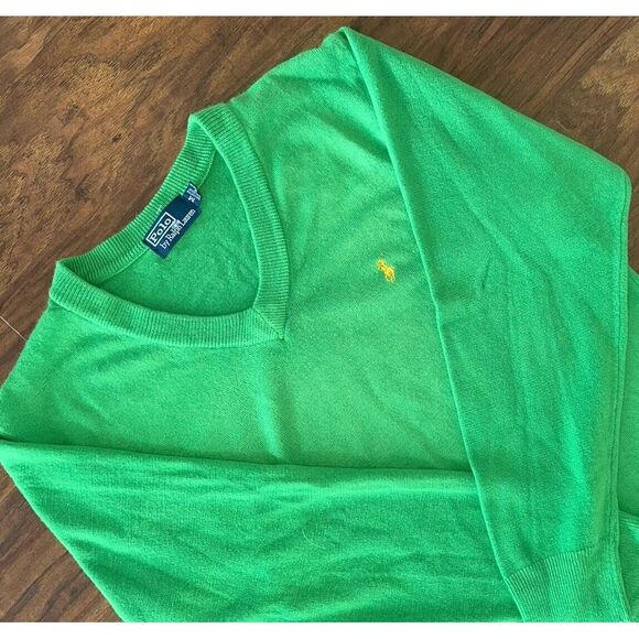 Polo Ralph Lauren Men's Lime Green Long Sleeve V Neck Sweater Medium 100% Cotton - Picture 1 of 6